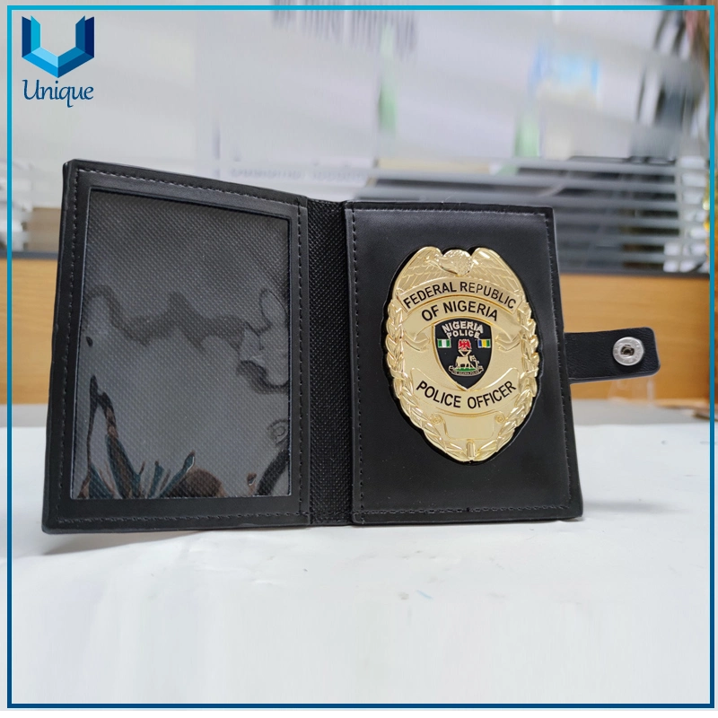 Custom High Quality Copper Badge with ID Holder Function with Genuine First Layer Cow Leather Holder, High Quality Copper Metal Badge with ID Holder